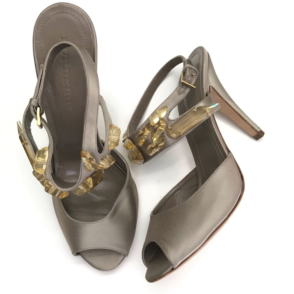 Burberry Citrine Crystal Satin Peep Toe Heels 41